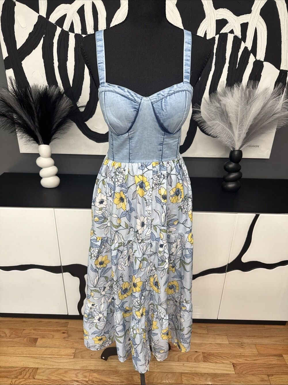 P.O.C Collection Blue Floral Bustier Midi Dress Womens Small Cottagecore Summer